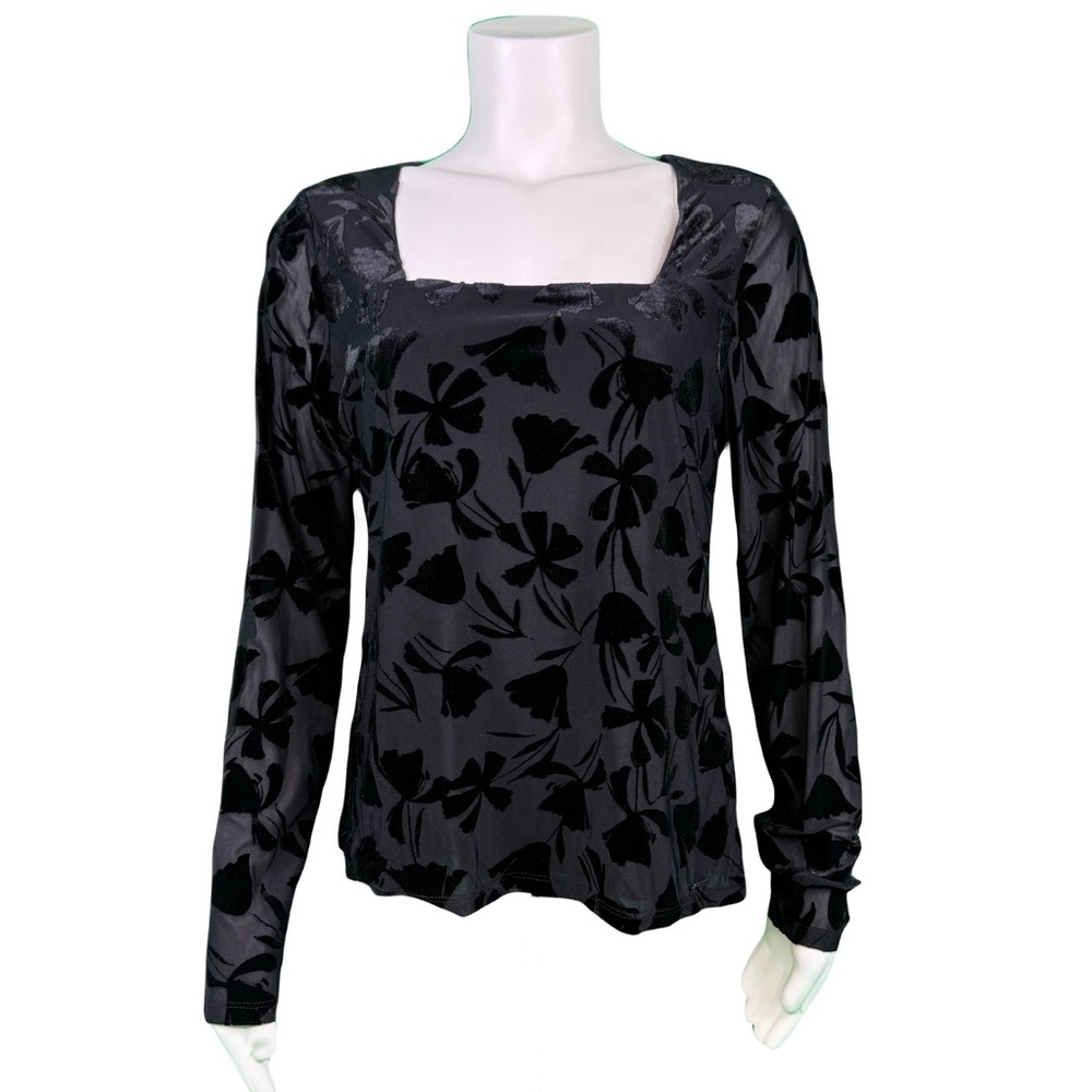 Black Floral Velvet Burnout Square Neckline Long Sleeve Top Med Calvin Klein